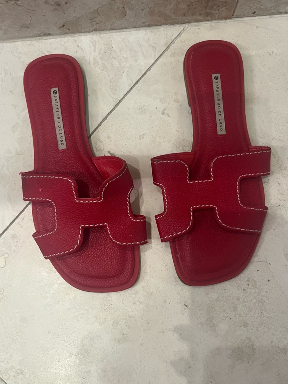 Red Leather Slide Sandals